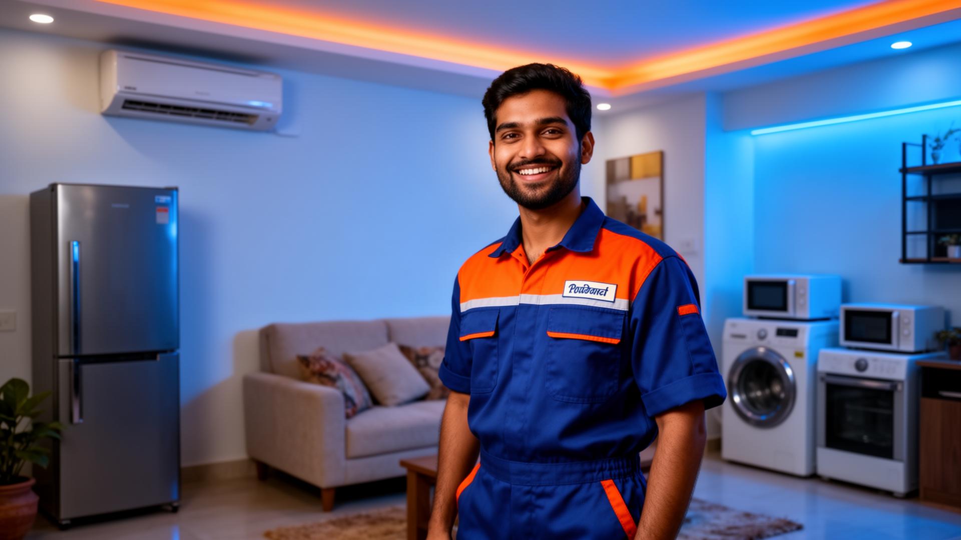 Certified home appliance repair technician at a modern Indian home